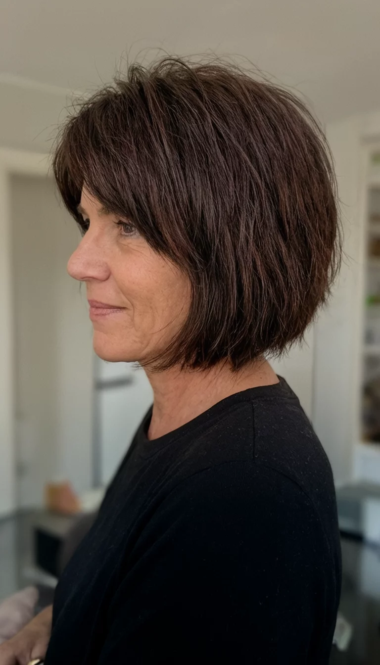 casual photo of a 39-year-old woman wearing a black top with a dark brown choppy bob hair colored bob hairstyle, side view, indoor background