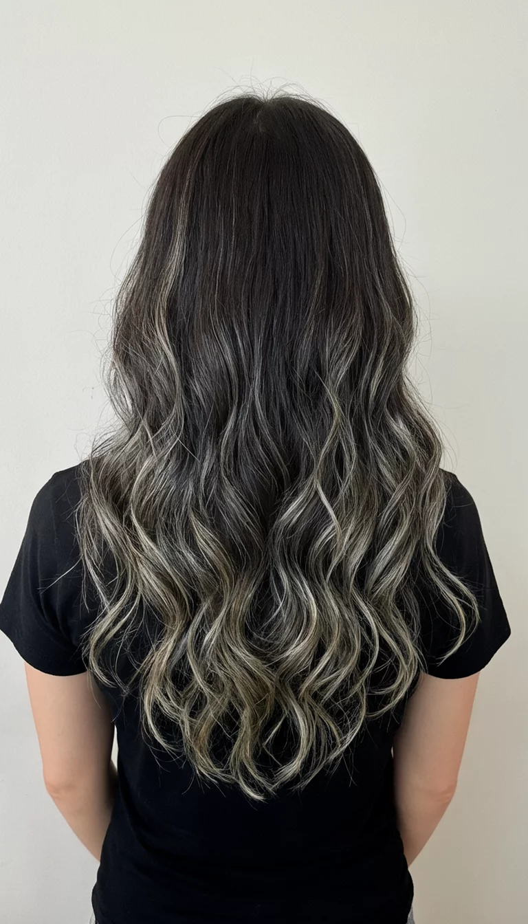 casual photo of a 22-year-old woman wearing a black top with a long, wavy dark brown hair with ash blonde and greyish highlights colored wavy hairstyle, back view, simple background
