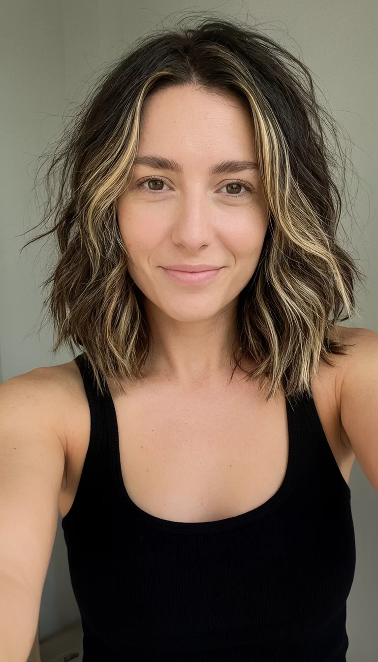 selfie of a 25-year-old woman wearing a black tank top with a tousled shoulder-length dark brown hairstyle with blonde highlights colored wavy hairstyle, front view, black tank top background