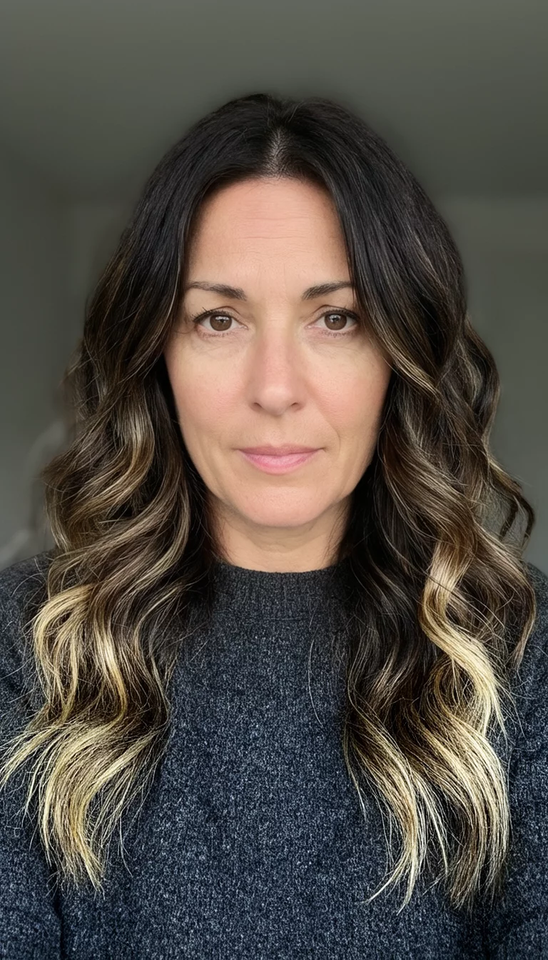 selfie of a 38-year-old woman wearing a dark grey sweater with a long, wavy, dark brown hair with blonde highlights colored wavy hairstyle, front view, dark grey sweater background