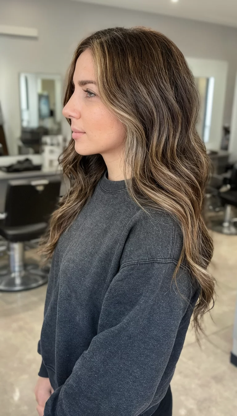 casual photo of a 28-year-old woman wearing a dark grey sweatshirt with a long, wavy, highlighted brown hair colored wavy hairstyle, side view, salon-like setting
