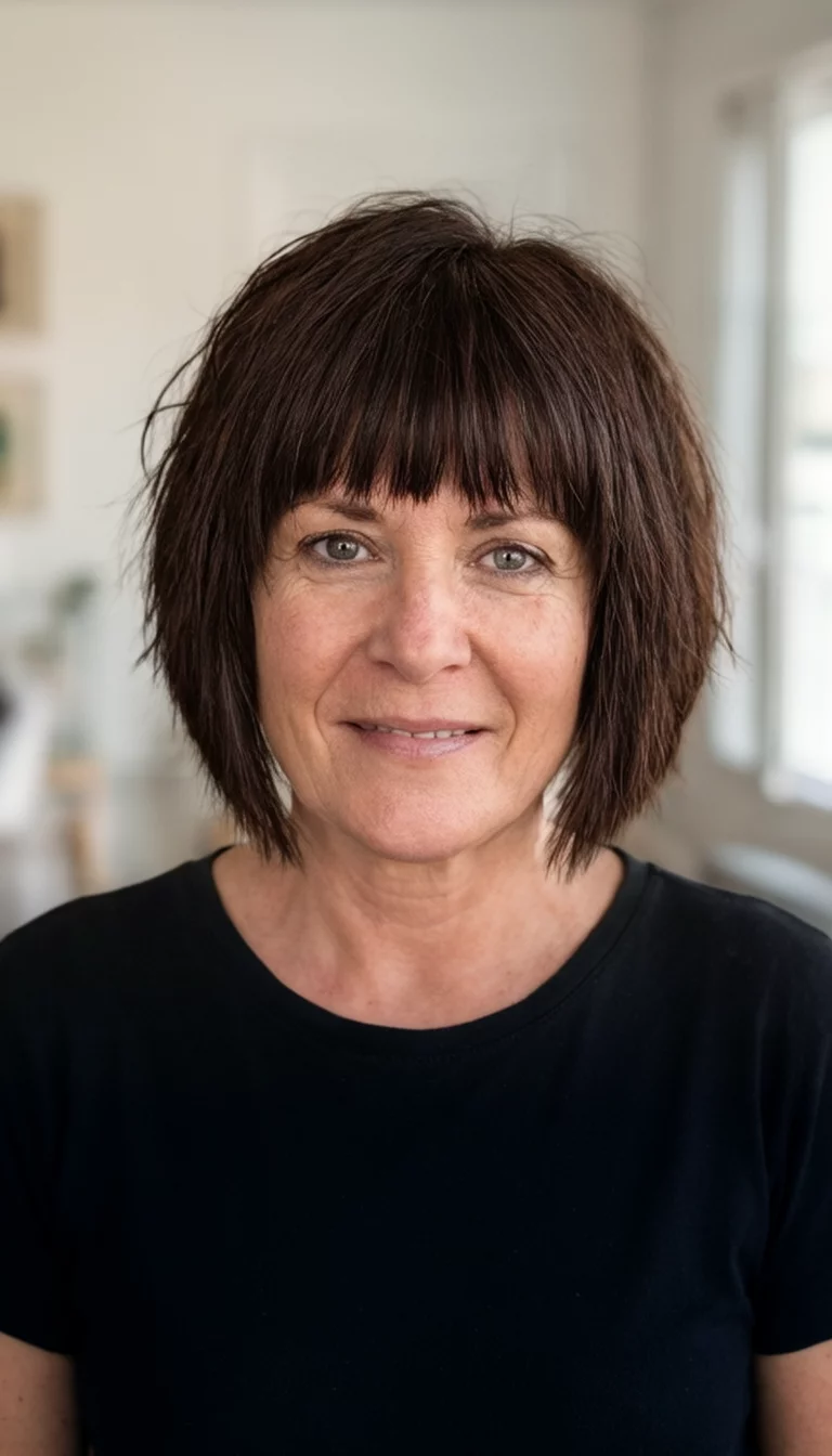 casual photo of a 47-year-old woman wearing a black top with a dark brown choppy bob hair colored bob hairstyle, front view, indoor background