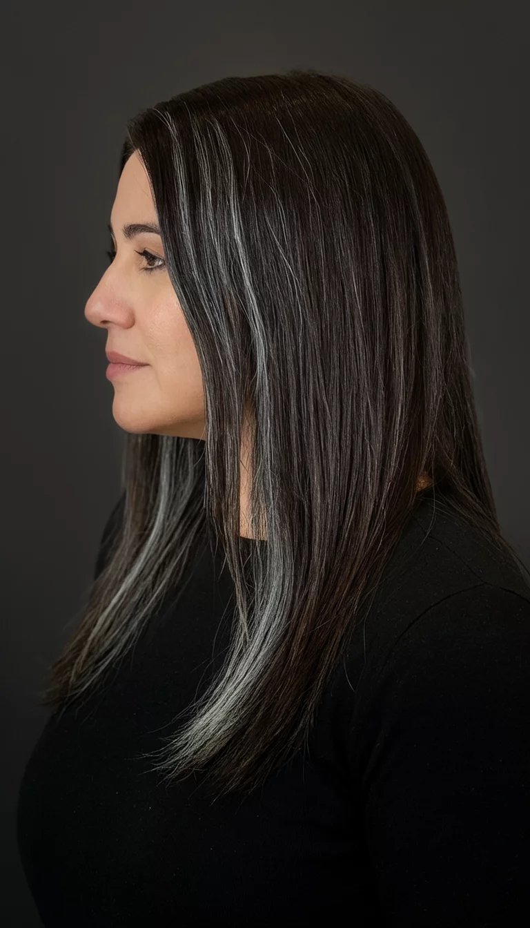 casual photo of a 31-year-old woman wearing a black top with a long, dark brown hair with subtle greyish highlights colored straight hairstyle, side view, black top background