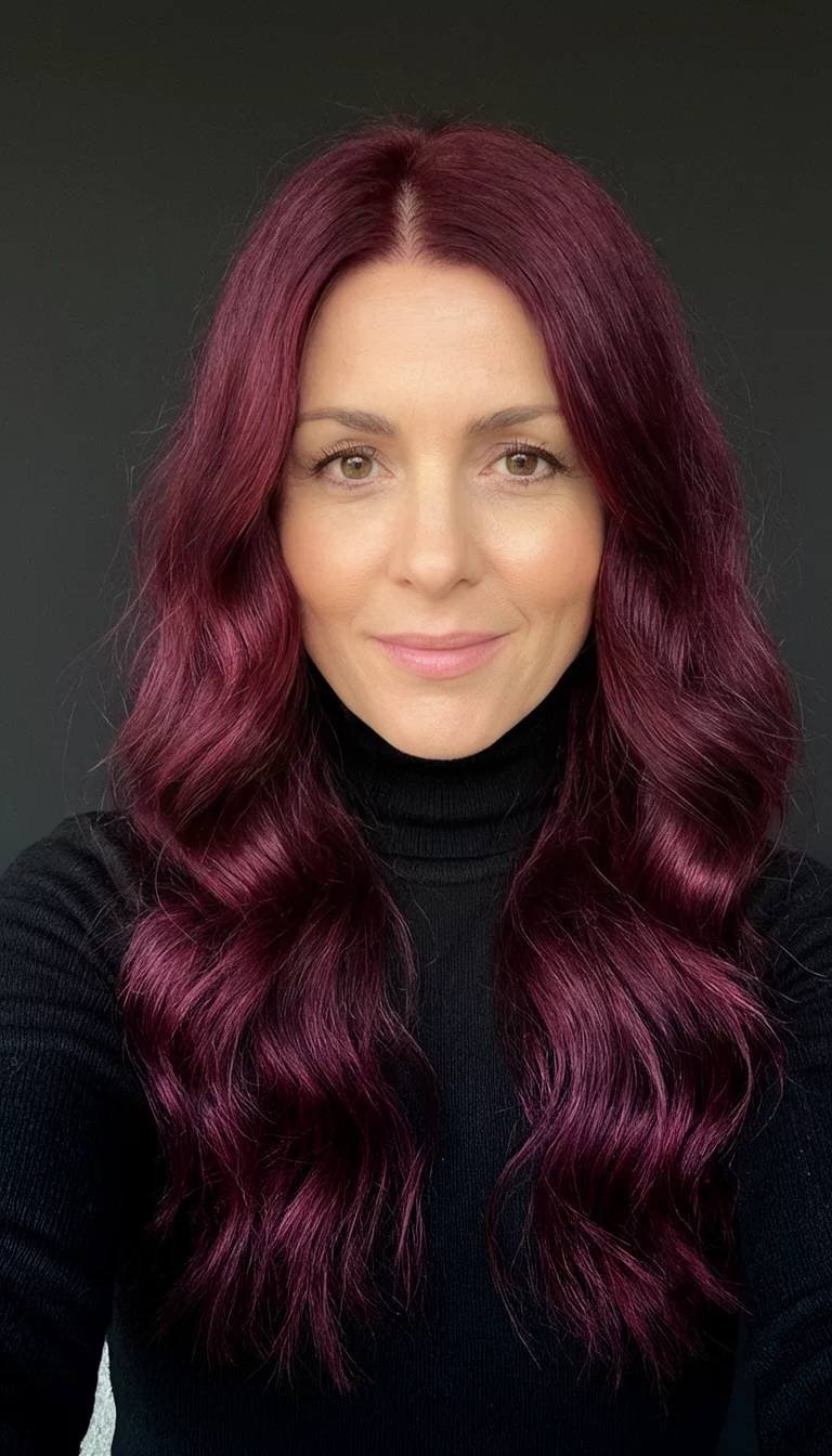 selfie of a 37-year-old woman wearing a black turtleneck with a long, wavy, rich burgundy-toned hair colored wavy hairstyle, front view, black turtleneck background