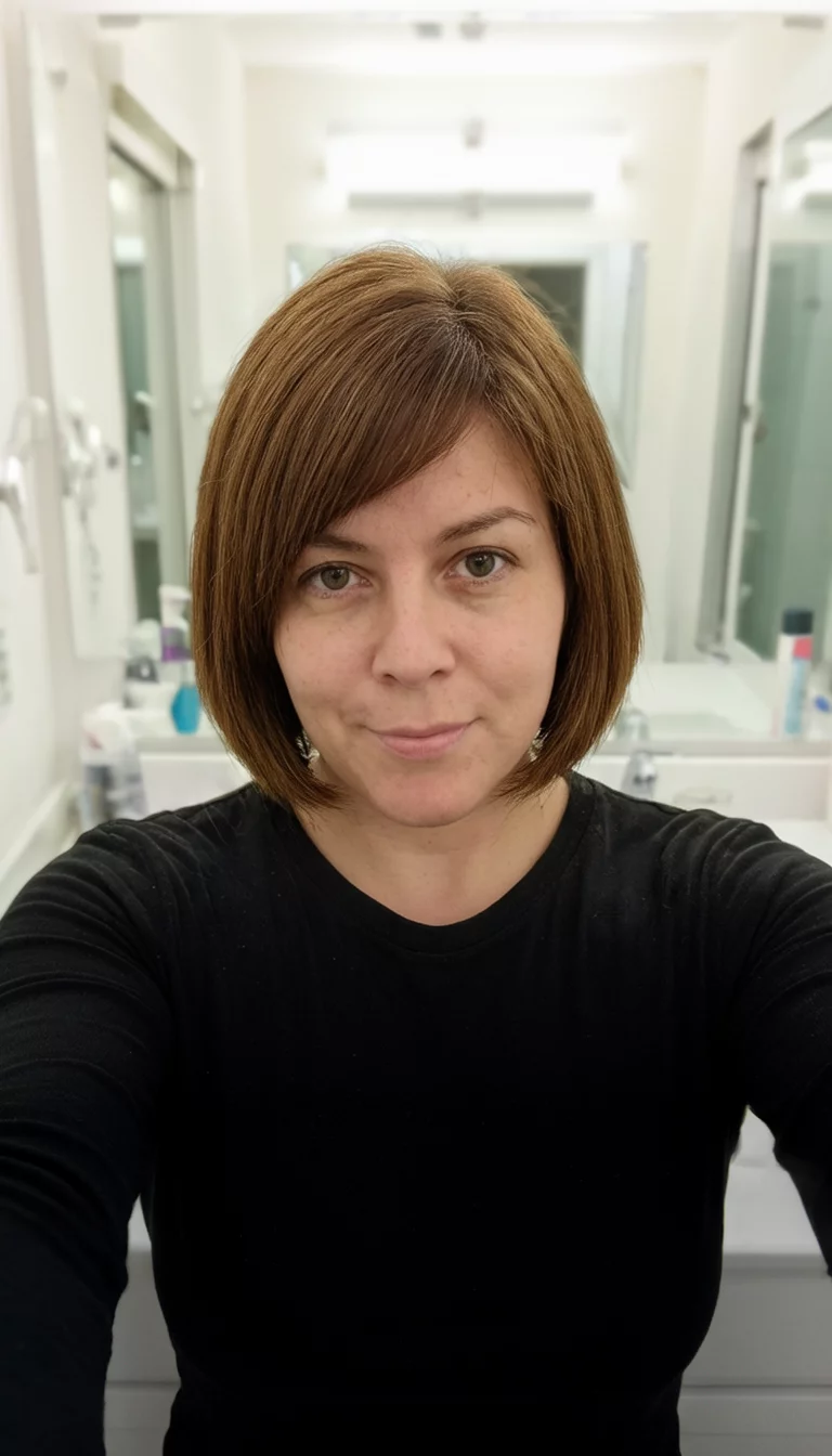 Selfie Ready Silhouette selfie of a 31-year-old woman wearing a black top with a brown bob hairstyle, front view, bathroom mirror background