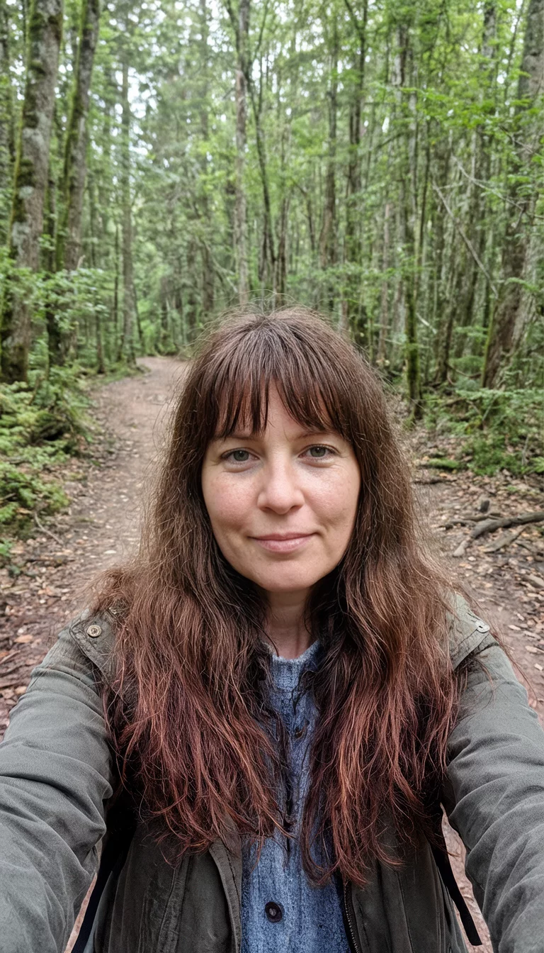 The Layered Autumn Fringe selfie of a 34-year-old woman wearing layered clothing with a long, brown, wavy hairstyle and bangs, front view, forest trail background
