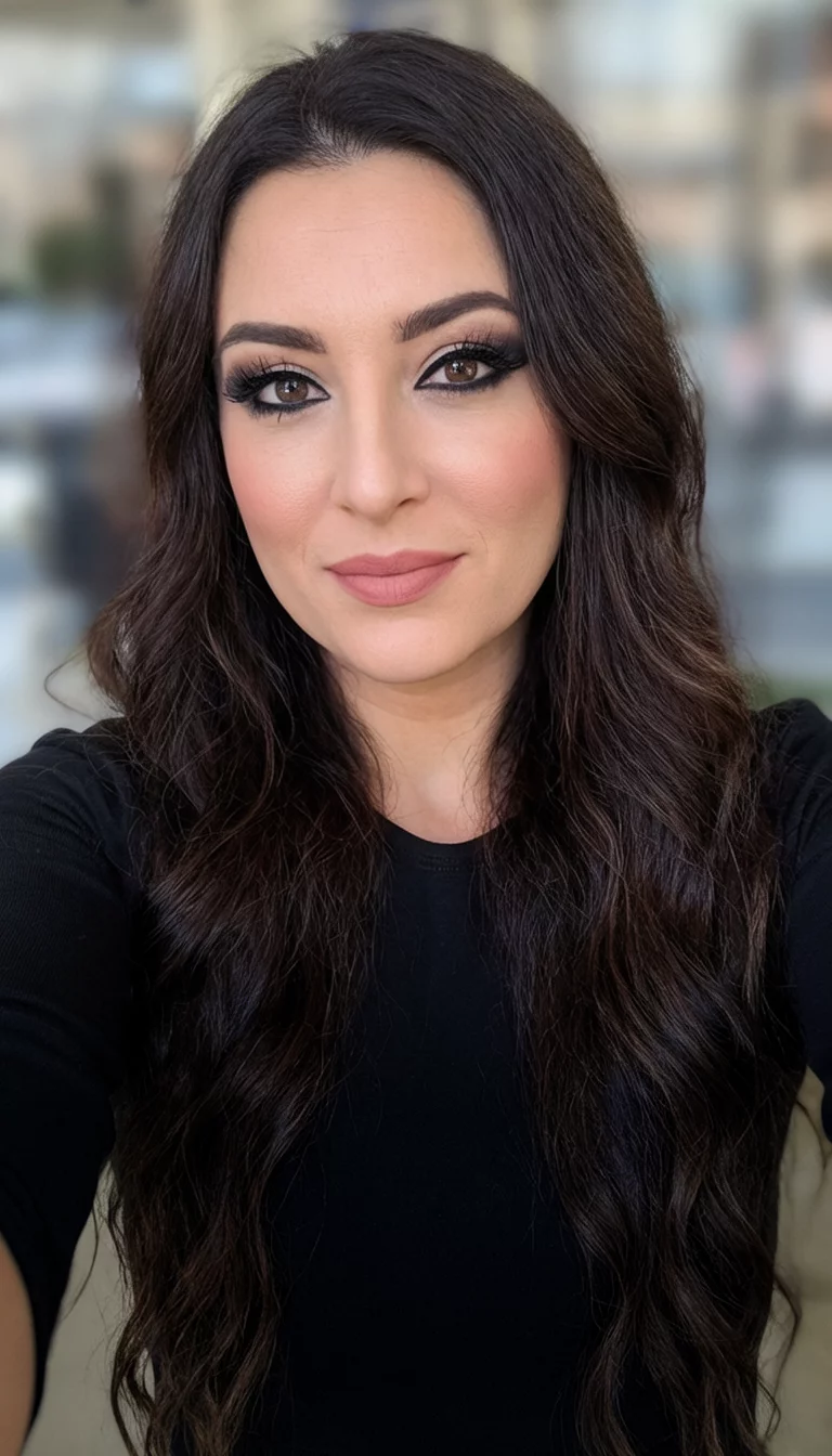 selfie of a 31-year-old woman wearing a black top with a long, dark brown, wavy hairstyle and heavy eyeliner, front view, blurred background