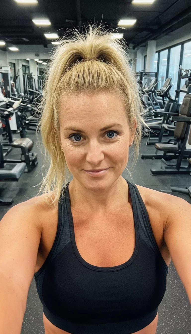 Elevated Sporty Ponytails selfie of a 33-year-old woman wearing a workout top with a blonde hair styled in a high side ponytail, front view, gym background