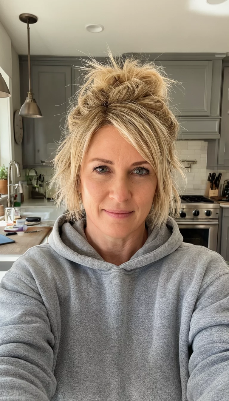 The Versatile Textured Bob selfie of a 36-year-old woman wearing a casual hoodie with a short, textured blonde bob and a messy half-up style, front view, home kitchen background