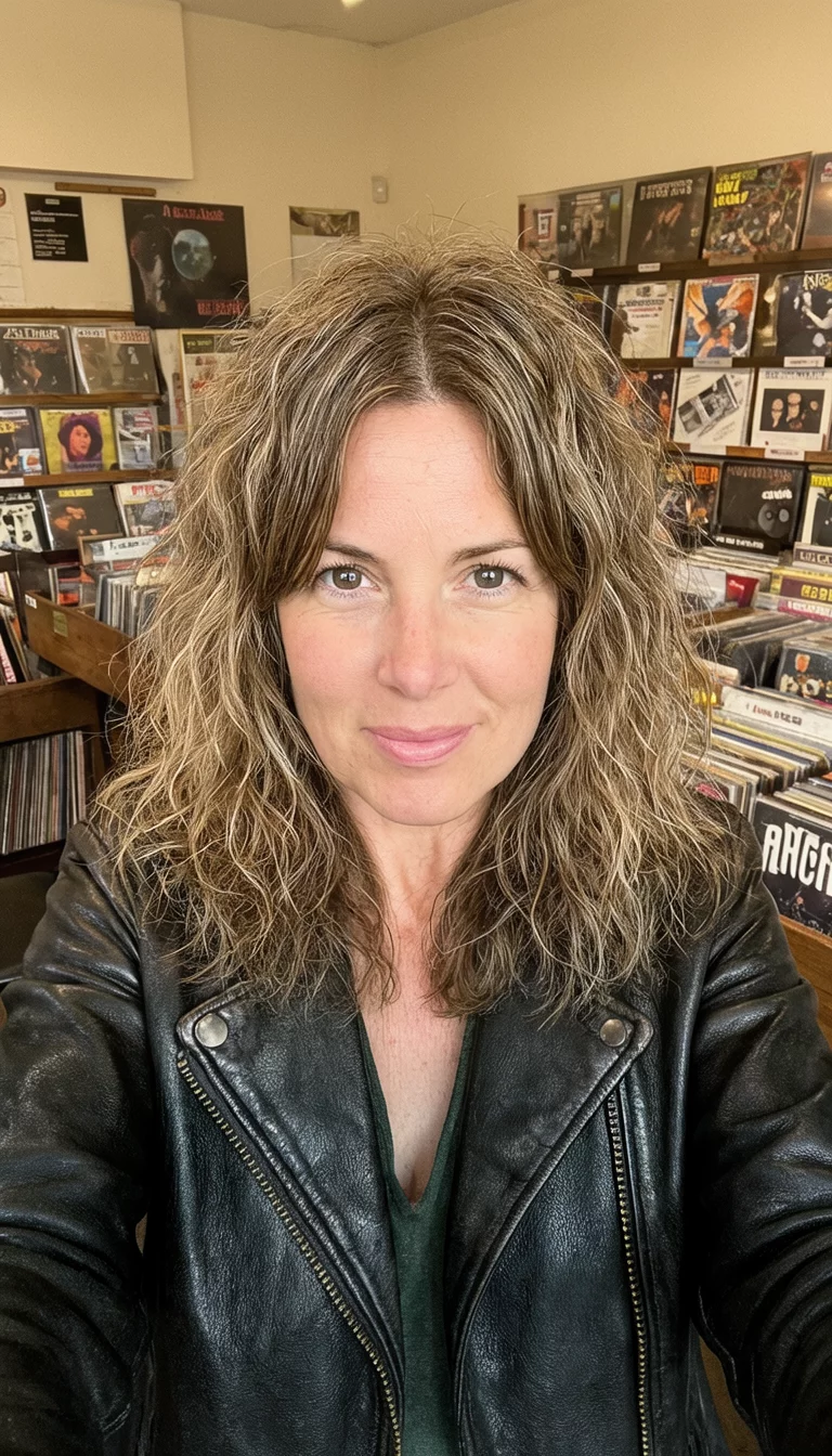 The Modern Masculine Shag selfie of a 35-year-old woman wearing a leather jacket with a shaggy, wavy middle-part hairstyle, front view, record store background