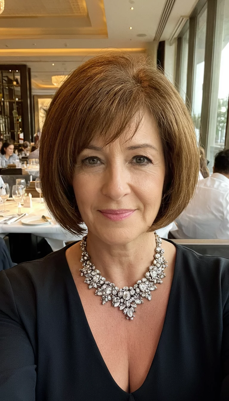 Jeweled Autumn Bob selfie of a 41-year-old woman wearing a jeweled necklace with a stylish bob haircut in warm brown tones, front view, upscale restaurant background