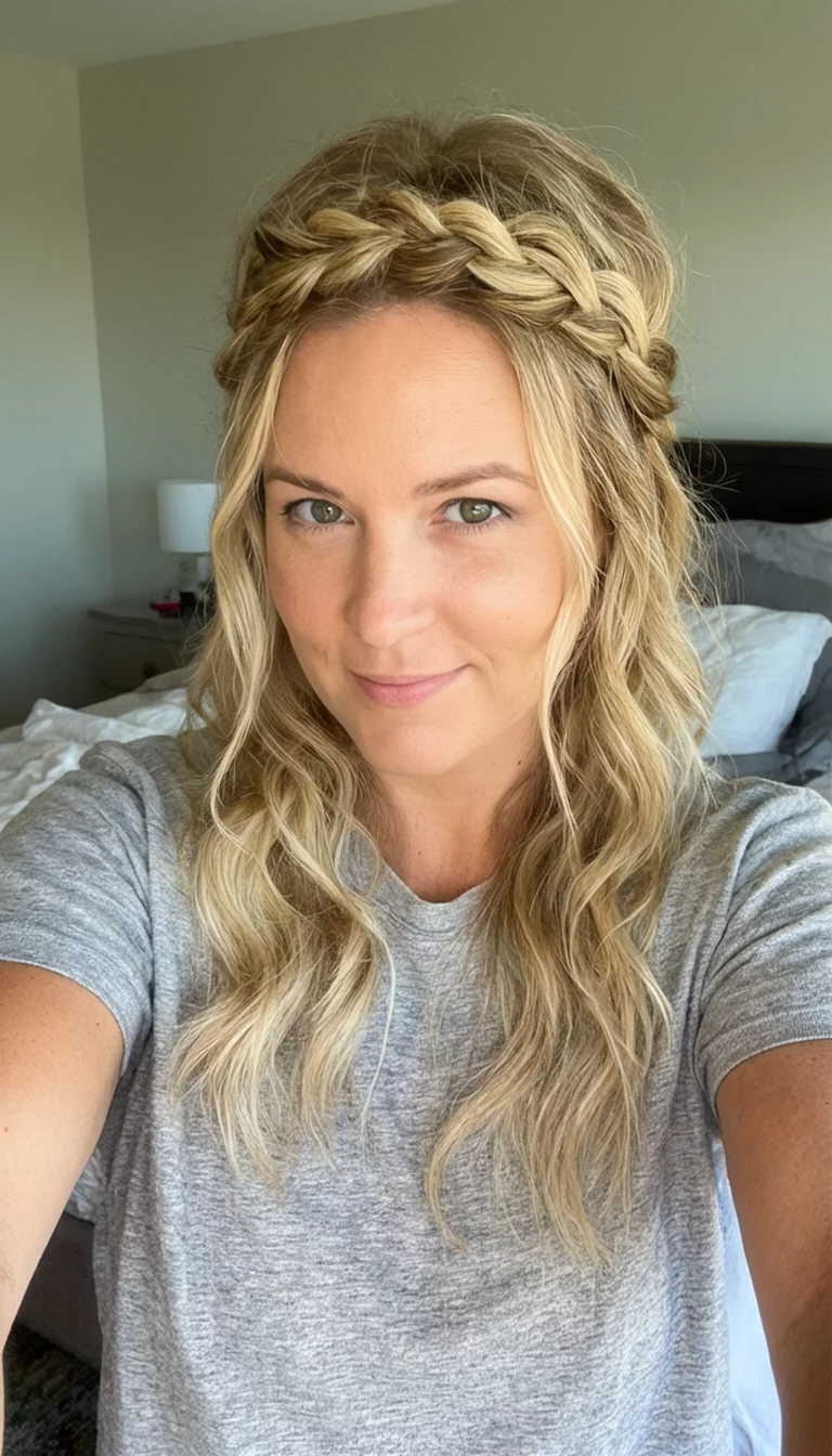 Braided Half Up Texture selfie of a 28-year-old woman wearing a casual t-shirt with a blonde, wavy hair styled in a braided half-up, half-down hairstyle, front view, bedroom background
