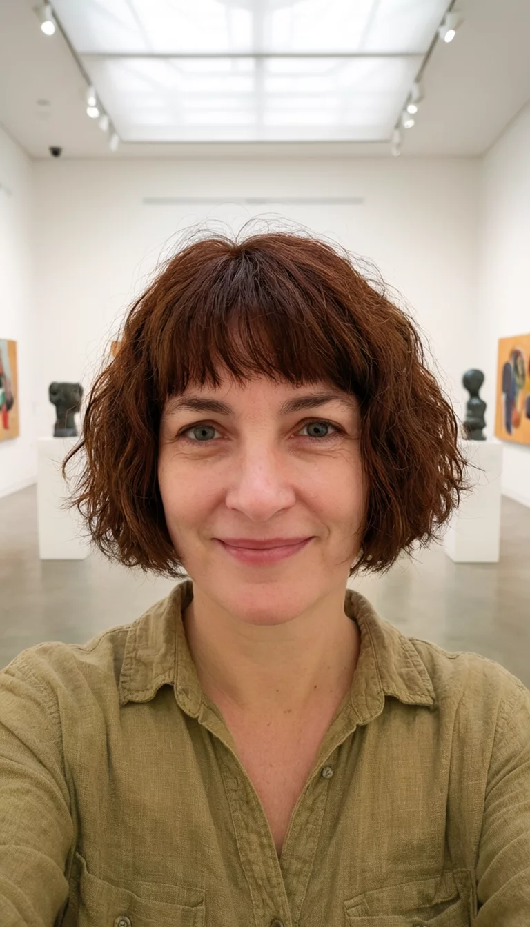 The Texture Trio selfie of a 36-year-old woman wearing a casual shirt with a brown textured bob hairstyle, front view, art gallery background