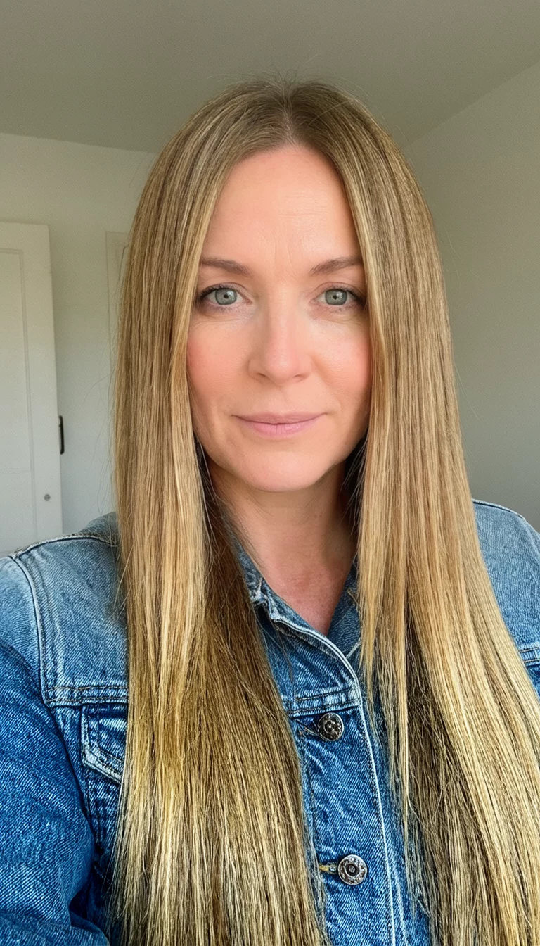Honey Blonde Streaming Silk selfie of a 34-year-old woman wearing a denim jacket with a very long, straight, honey-blonde hairstyle, front view, neutral indoor background
