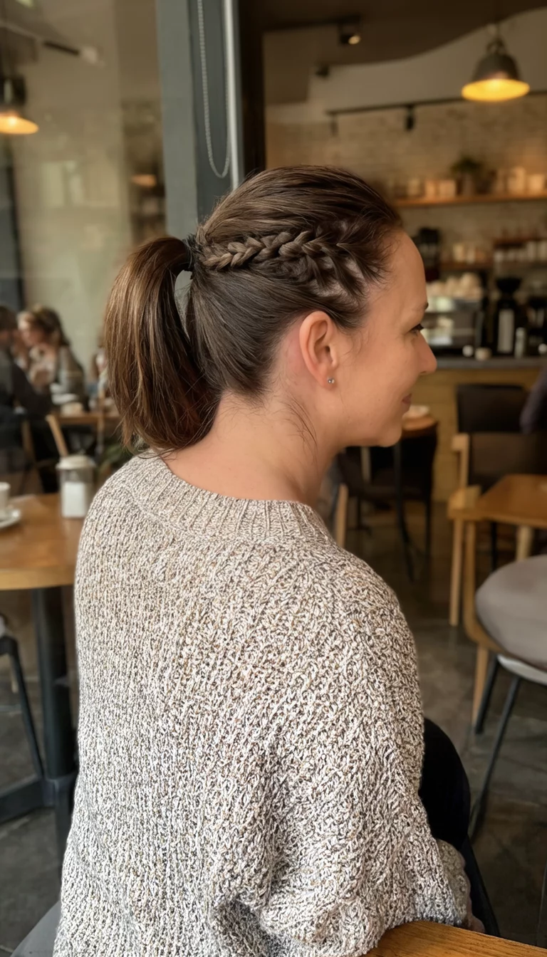 The Braided Accent Ponytail casual photo of a 32-year-old woman wearing a knit top with a low ponytail and a braided side accent, side view, cafe background