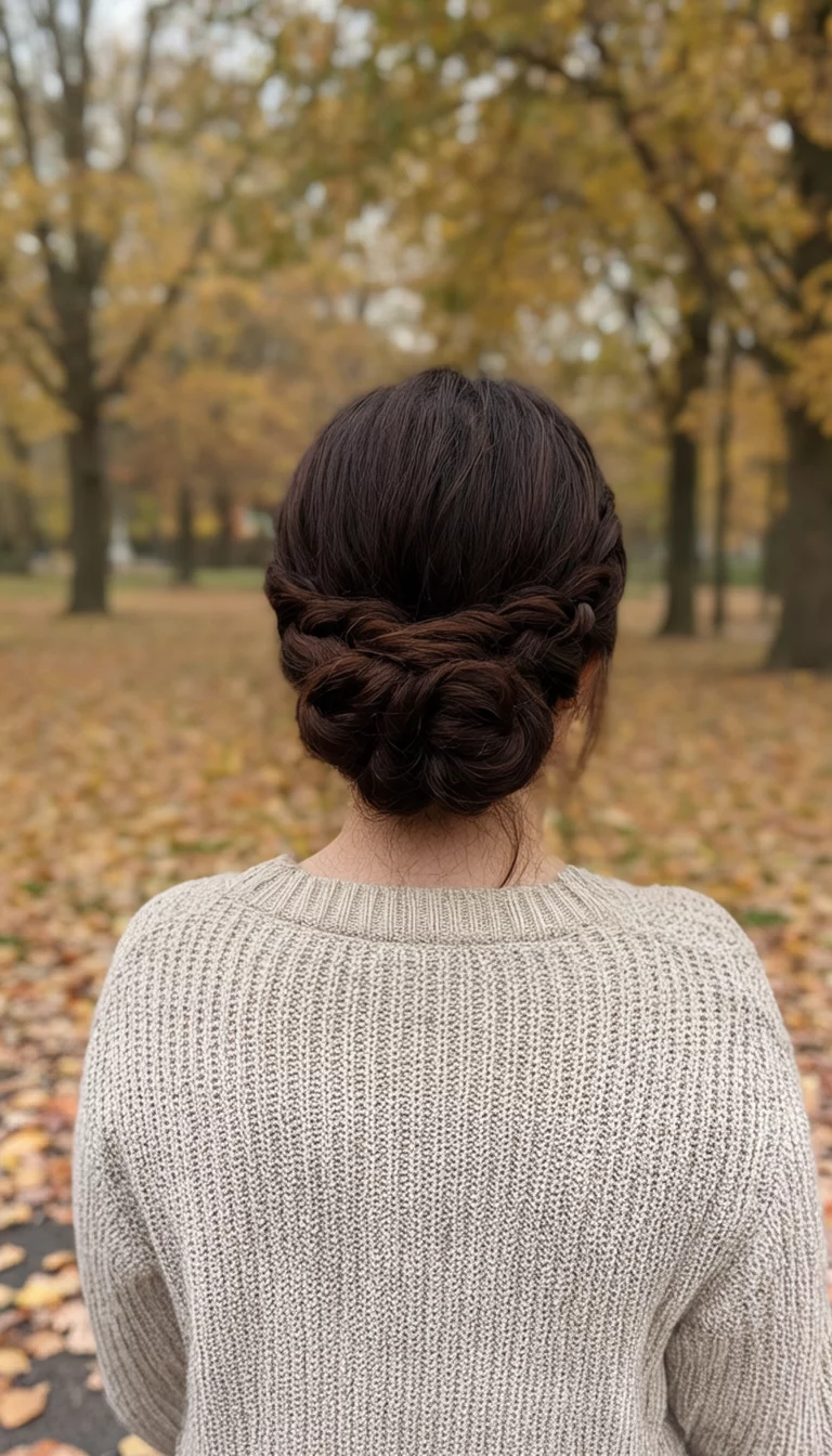 The Eternal Crown Braid casual photo of a 42-year-old woman wearing a sweater with a dark brown hair styled in a half-up braid that encircles her head, back view, outdoor autumn setting