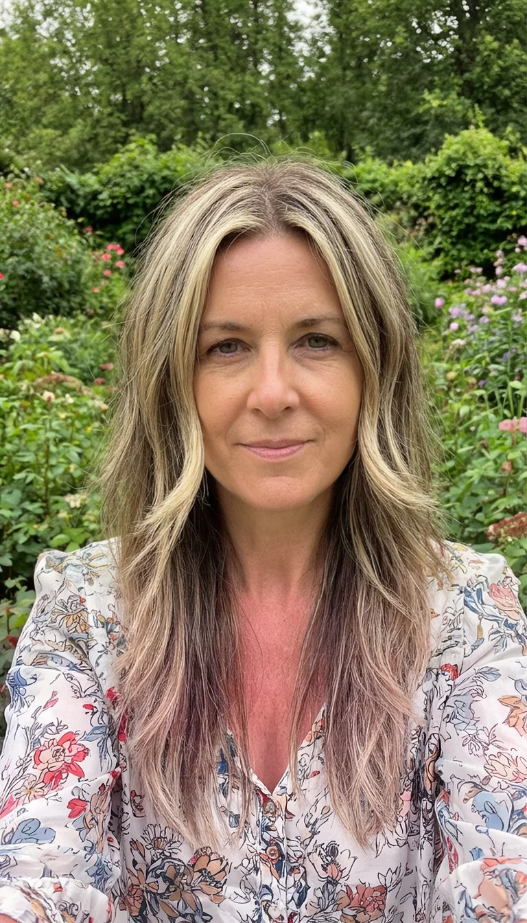 Face Framing Layers selfie of a 43-year-old woman wearing a floral blouse with a long, layered blonde and brown hairstyle featuring face-framing pieces, front view, garden background