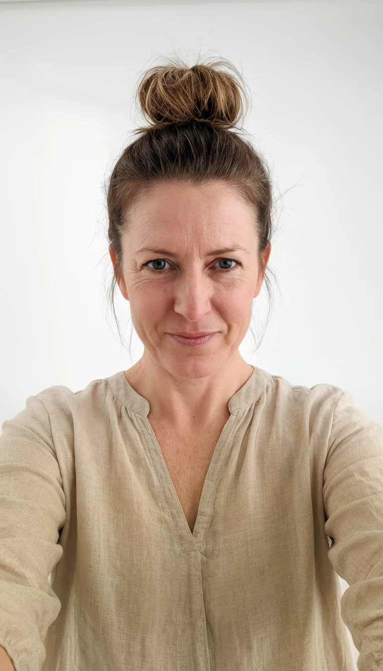 The Mini Mane Collection selfie of a 39-year-old woman wearing a neutral blouse with a short messy bun hairstyle, front view, light-filled studio background