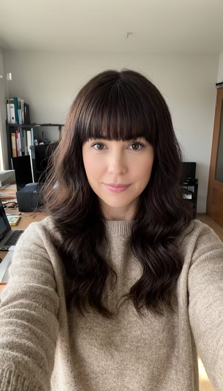 Fringed Chocolate Waves selfie of a 30-year-old woman wearing a simple sweater with a long, dark brown, wavy hairstyle and full bangs, front view, home office background