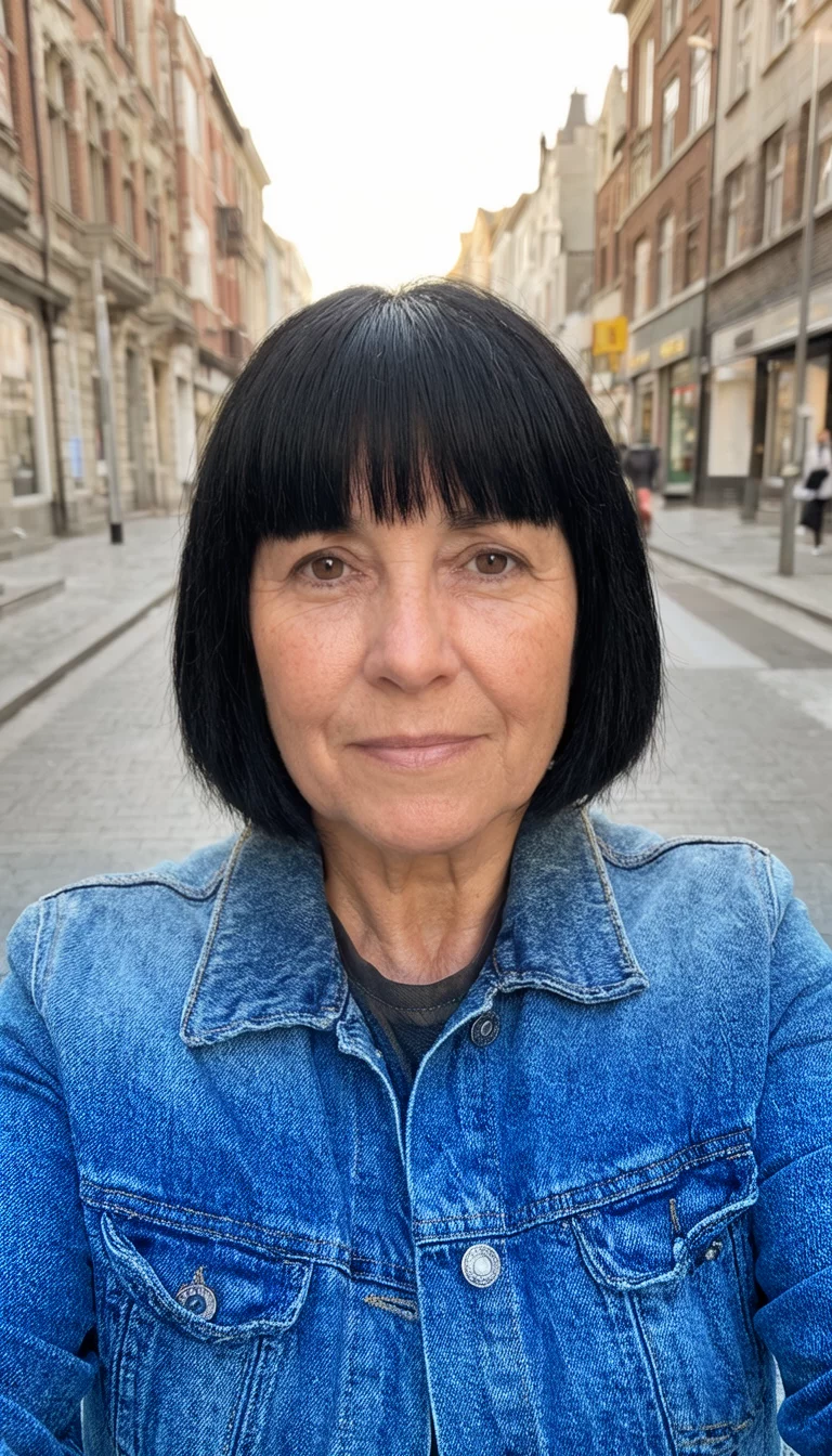The Midnight Architectural Bob selfie of a 45-year-old woman wearing a blue denim jacket with a short, straight black hairstyle, front view, urban street background