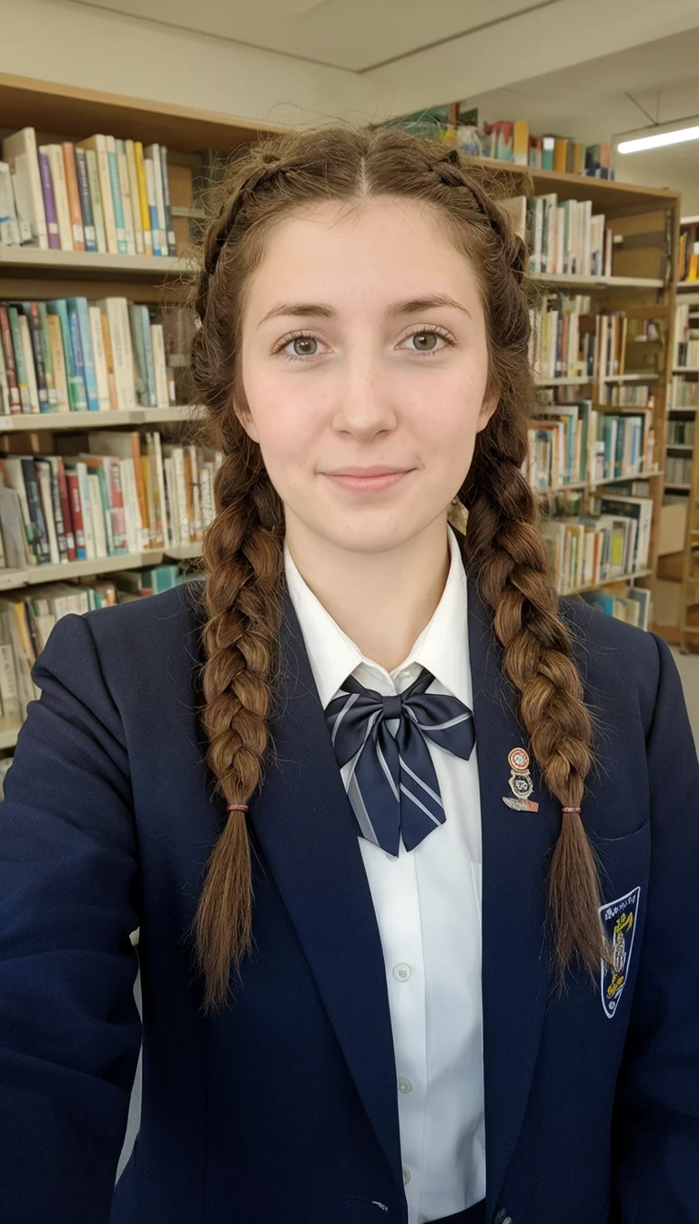 The Campus Trendsetter selfie of a 27-year-old woman wearing a school uniform-style blazer with a trendy braided hairstyle, front view, library background