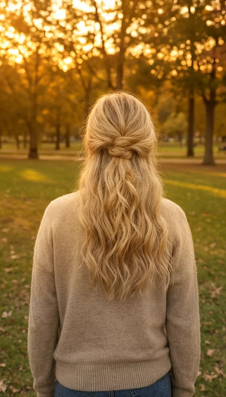 The Golden Twisted Half Up casual photo of a 38-year-old woman wearing a beige sweater with a long, blonde, wavy hair styled in a twisted half-up do, back view, golden hour park background