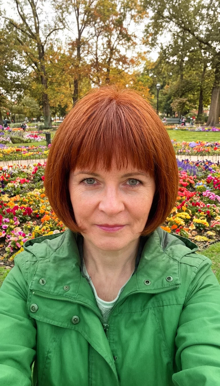 The Auburn Smile selfie of a 48-year-old woman wearing a green jacket with a classic auburn bob haircut, front view, colorful park background