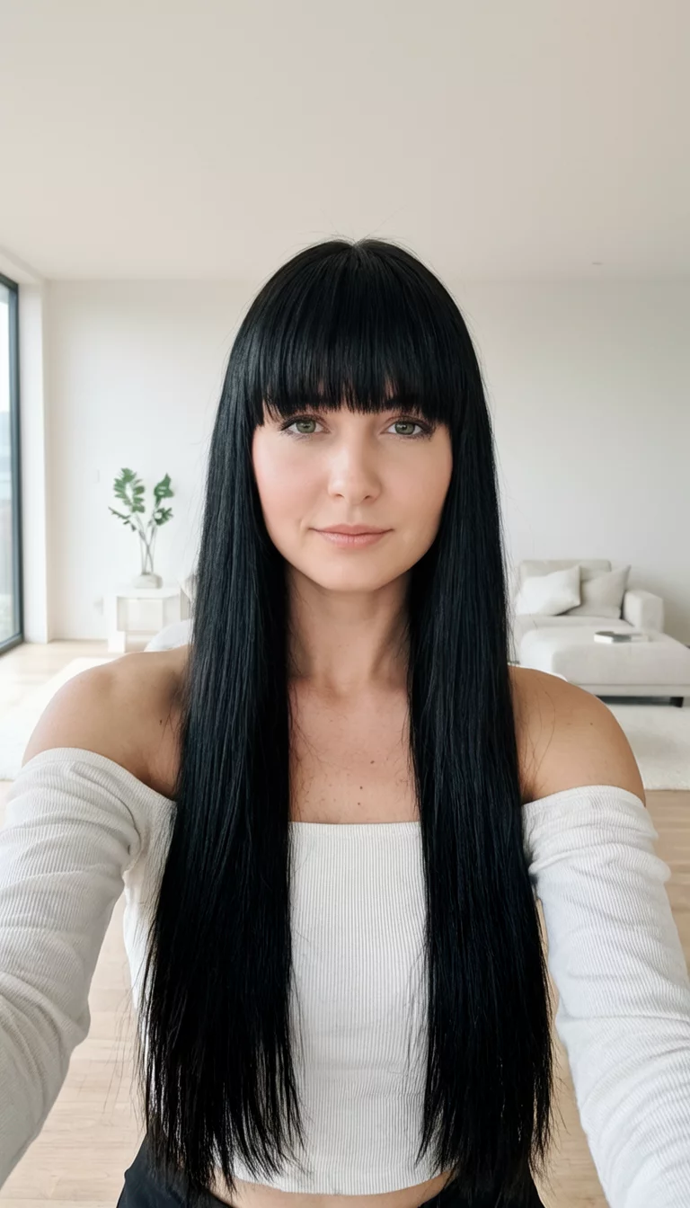 The Sleek Raven Fringe selfie of a 29-year-old woman wearing an off-the-shoulder top with a long, straight black hairstyle and bangs, front view, minimalist living room background