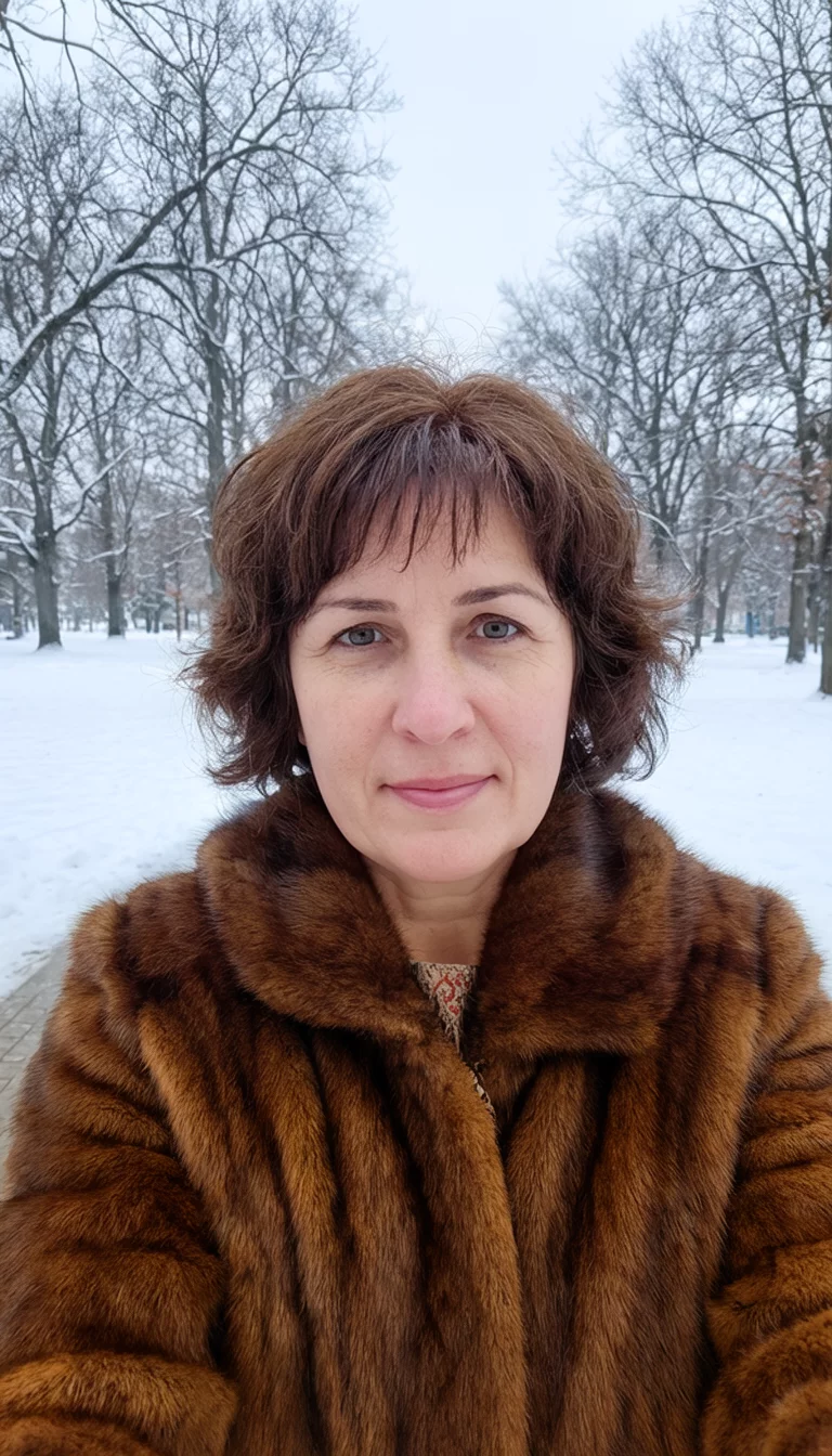 Cinnamon Wave Short Cut selfie of a 37-year-old woman wearing a brown fur coat with a short, brown, wavy hairstyle, front view, snowy park background