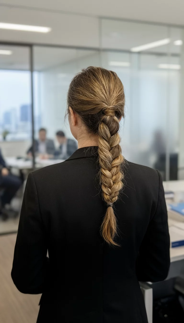 The Intricate Auburn Fishtail casual photo of a 39-year-old woman wearing a black blazer with an intricate fishtail braid ponytail, back view, professional setting background