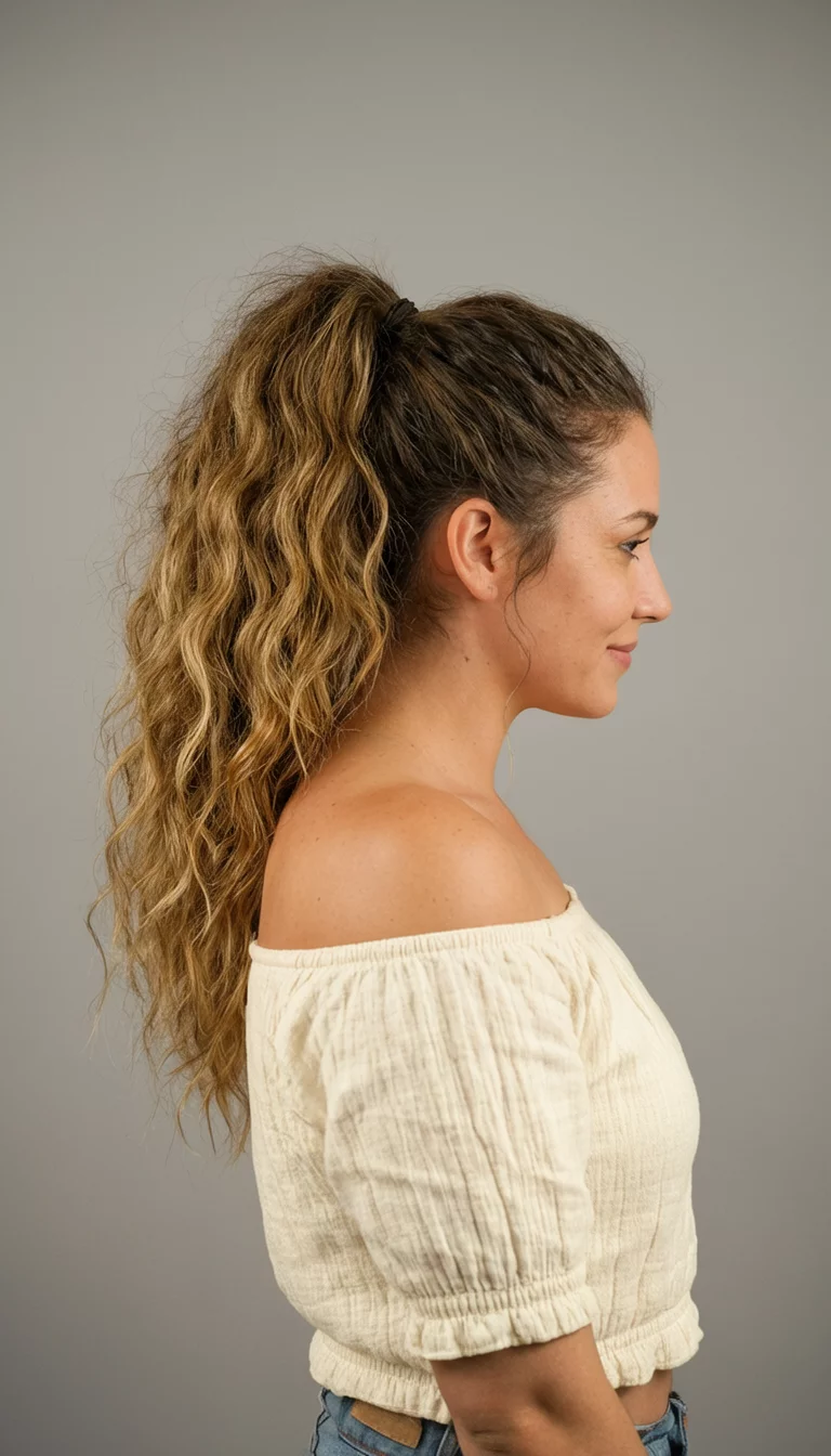Voluminous Coiled Majesty casual photo of a 33-year-old woman wearing a cream-colored off-the-shoulder top with voluminous wavy hair in a high ponytail, side view, neutral studio background