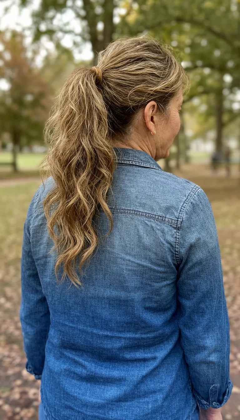 Textured Denim Low Pony casual photo of a 47-year-old woman wearing a denim shirt with a twisted low ponytail and wavy texture, back view, casual outdoor background