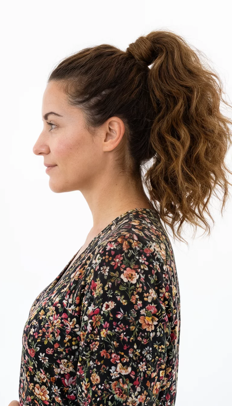 Voluminous Floral High Pony casual photo of a 27-year-old woman wearing a floral pattern top with a high voluminous ponytail, side view, white background