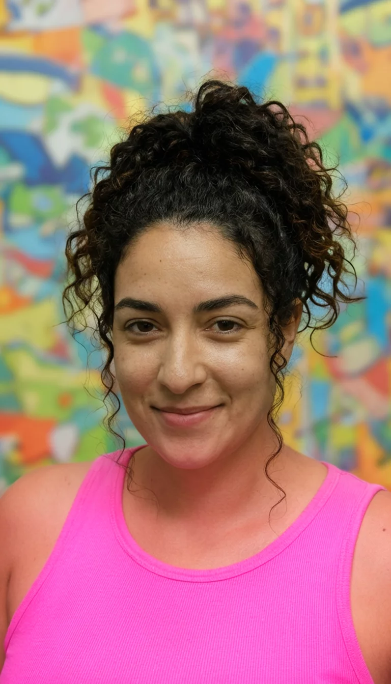 Curly Playful Bounce casual photo of a 27-year-old woman wearing a pink top with curly dark hair styled in a perky high ponytail, front view, colorful background
