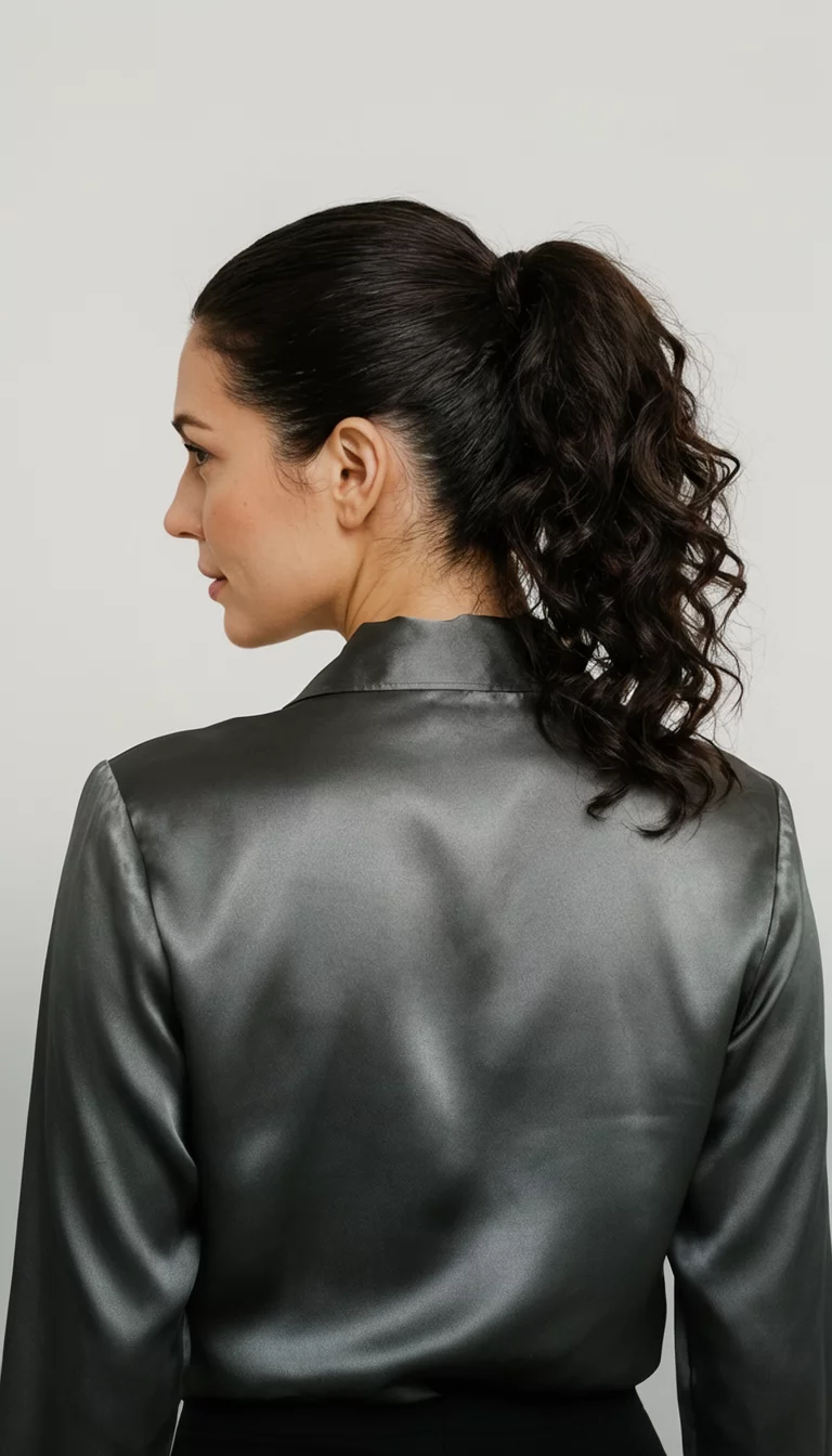 The Polished Curl Drop casual photo of a 37-year-old woman wearing a sleek silk blouse with smooth dark hair in a high ponytail and voluminous curls at the end, back view, minimalist background