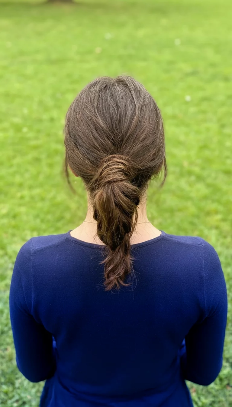 The Elegant Low Twist casual photo of a 32-year-old woman wearing a dark blue top with a twisted low ponytail hairstyle, back view, grassy background