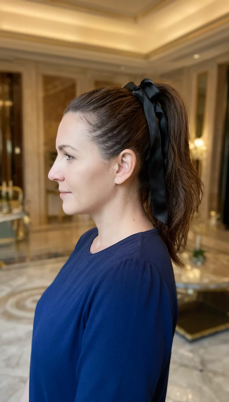 Ribbon Wrapped High Style casual photo of a 35-year-old woman wearing a dark blue top with a high ponytail adorned with black ribbons, side view, indoor luxury background