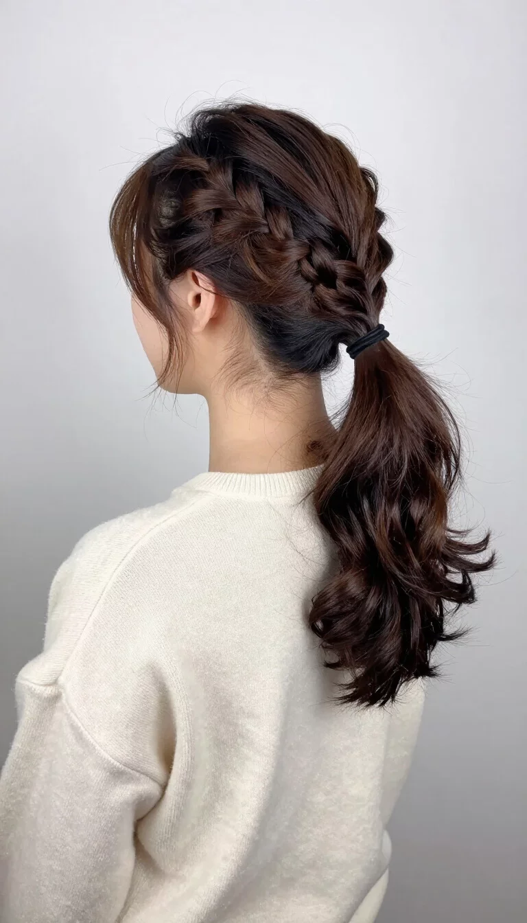 The Braid And Volume Duo casual photo of a 29-year-old woman wearing a simple sweater with a ponytail featuring a braided accent on one side and crown volume on the other, back view, studio background