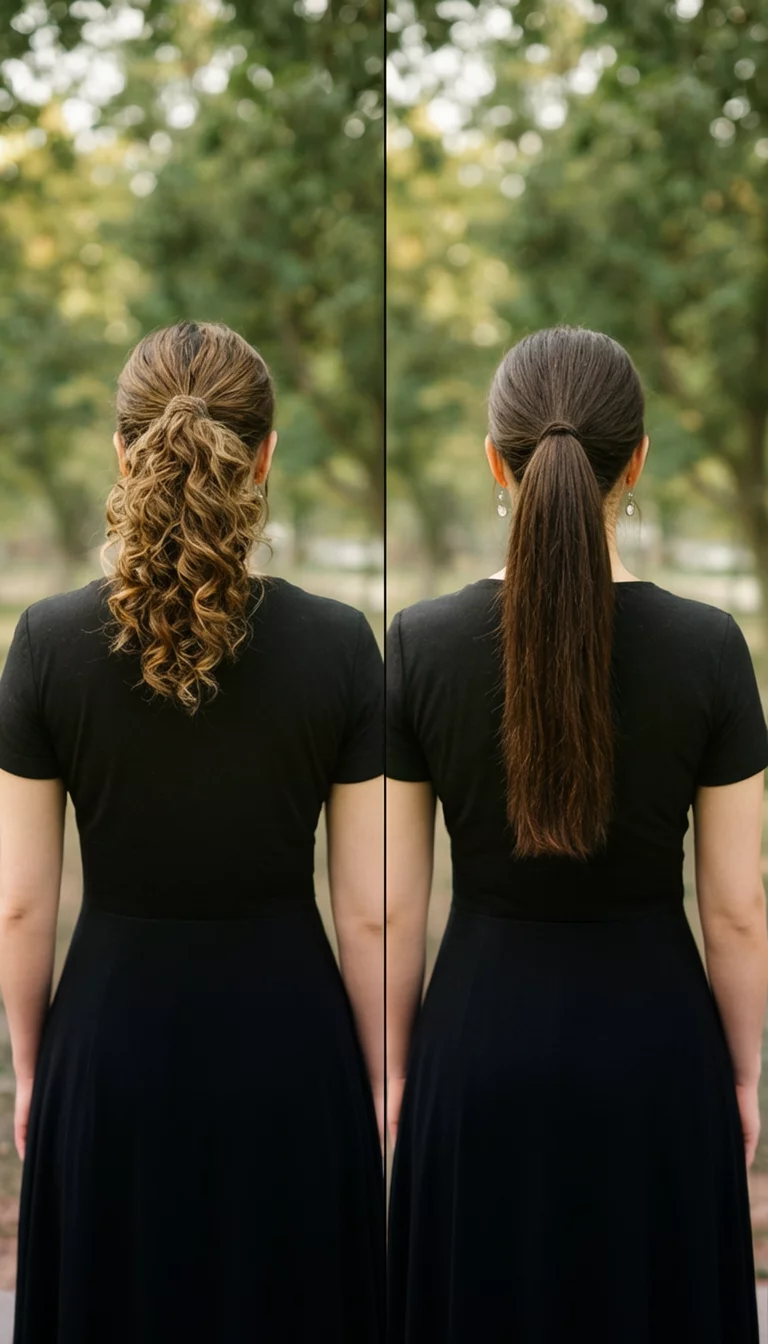 Curls Versus Sleek Comparison casual photo of a 36-year-old woman wearing a black dress with two different ponytail styles, one with curls and one sleek, back view, split screen background