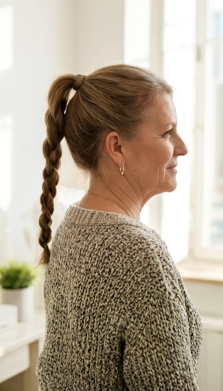 Braided Accent High Pony casual photo of a 40-year-old woman wearing a stylish knit top with a high ponytail featuring a thick braided accent, side view, bright indoor background