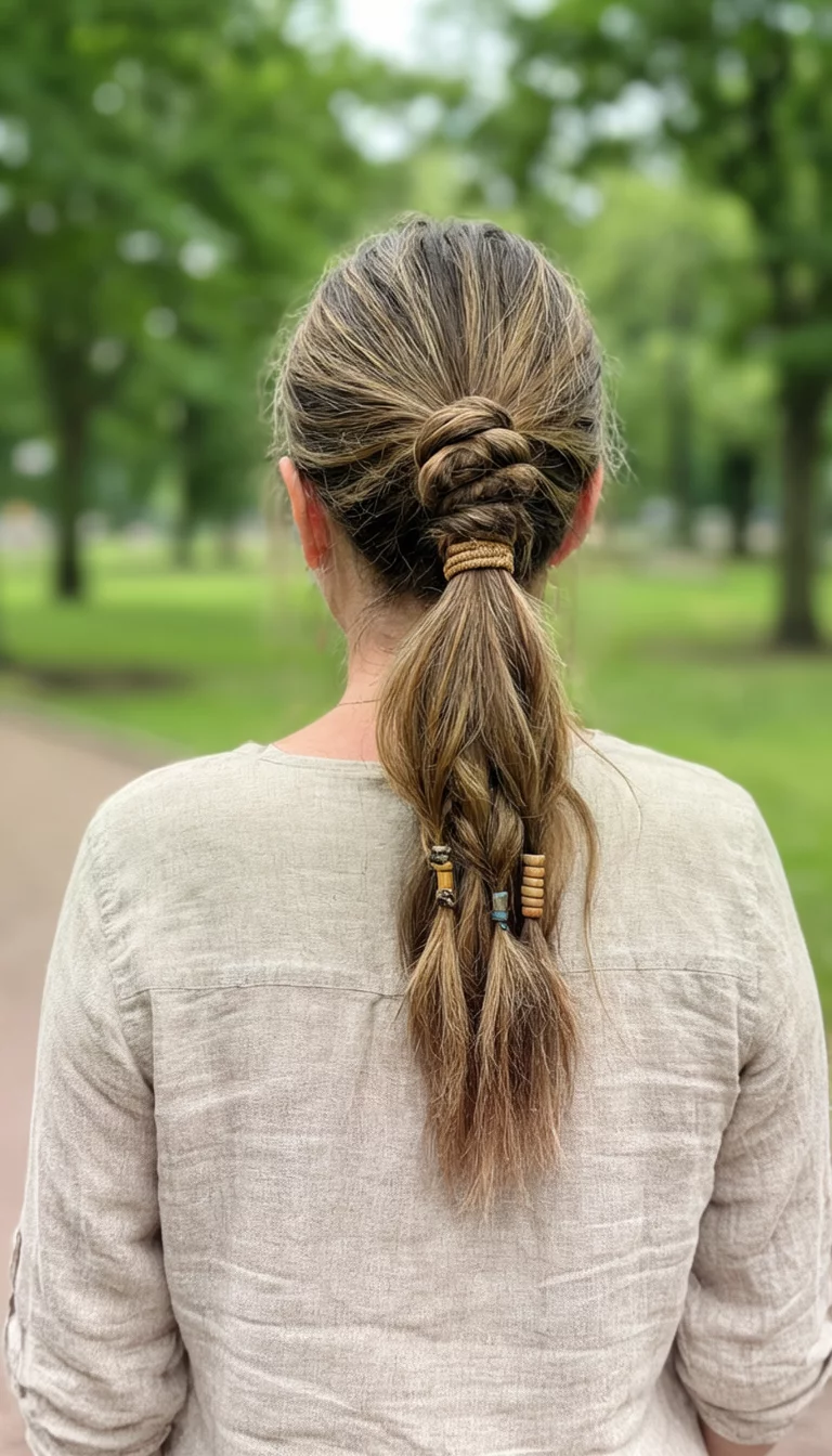 The Texture Variety Pack casual photo of a 38-year-old woman wearing a neutral blouse with a ponytail featuring various twists and hair wraps, back view, blurred park background