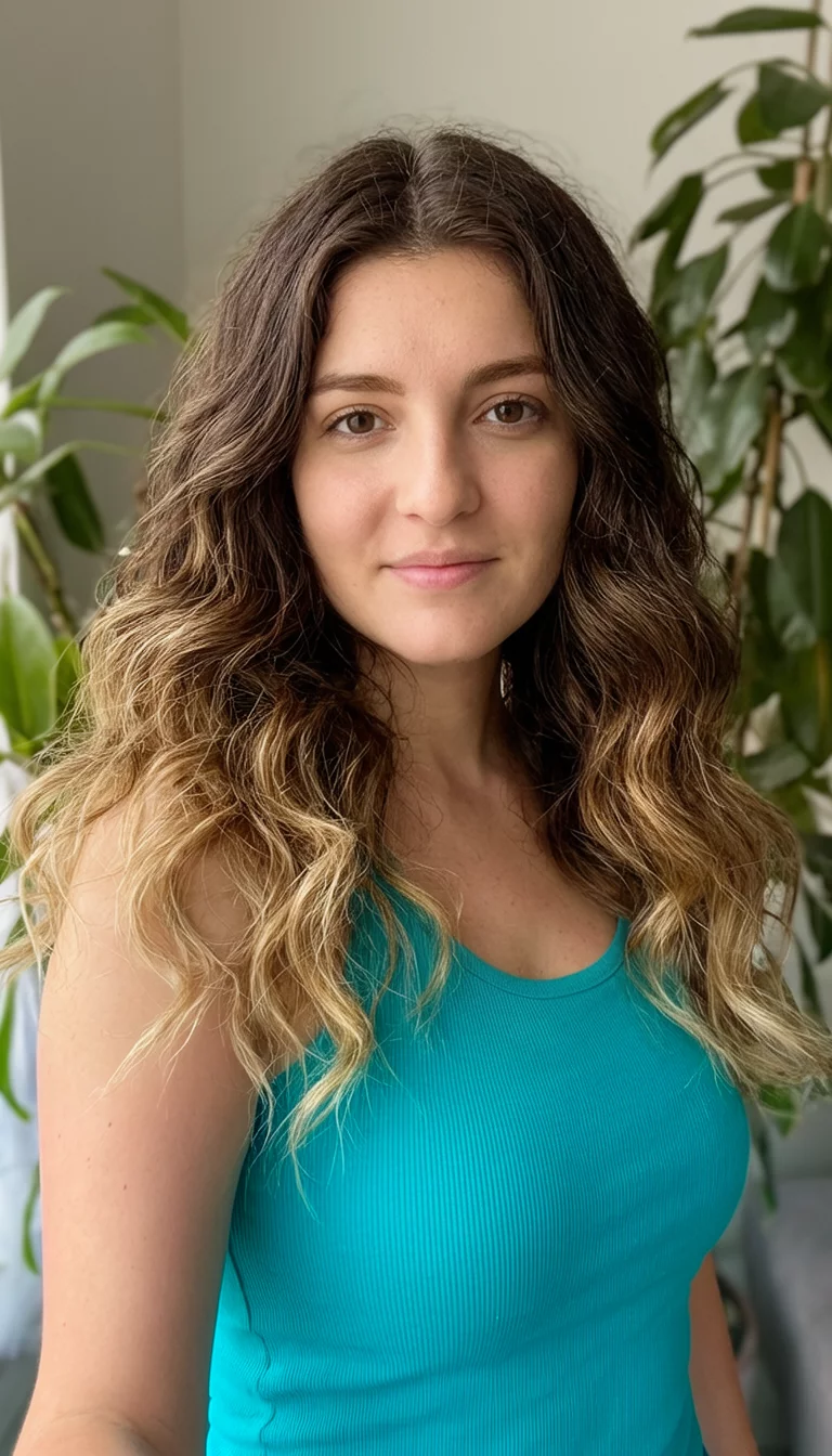 Teal Tank Sun Kissed Melt selfie of a 24-year-old woman wearing a teal tank top with a long, wavy brown and blonde hair colored wavy hairstyle, three-quarter view, indoor plant background