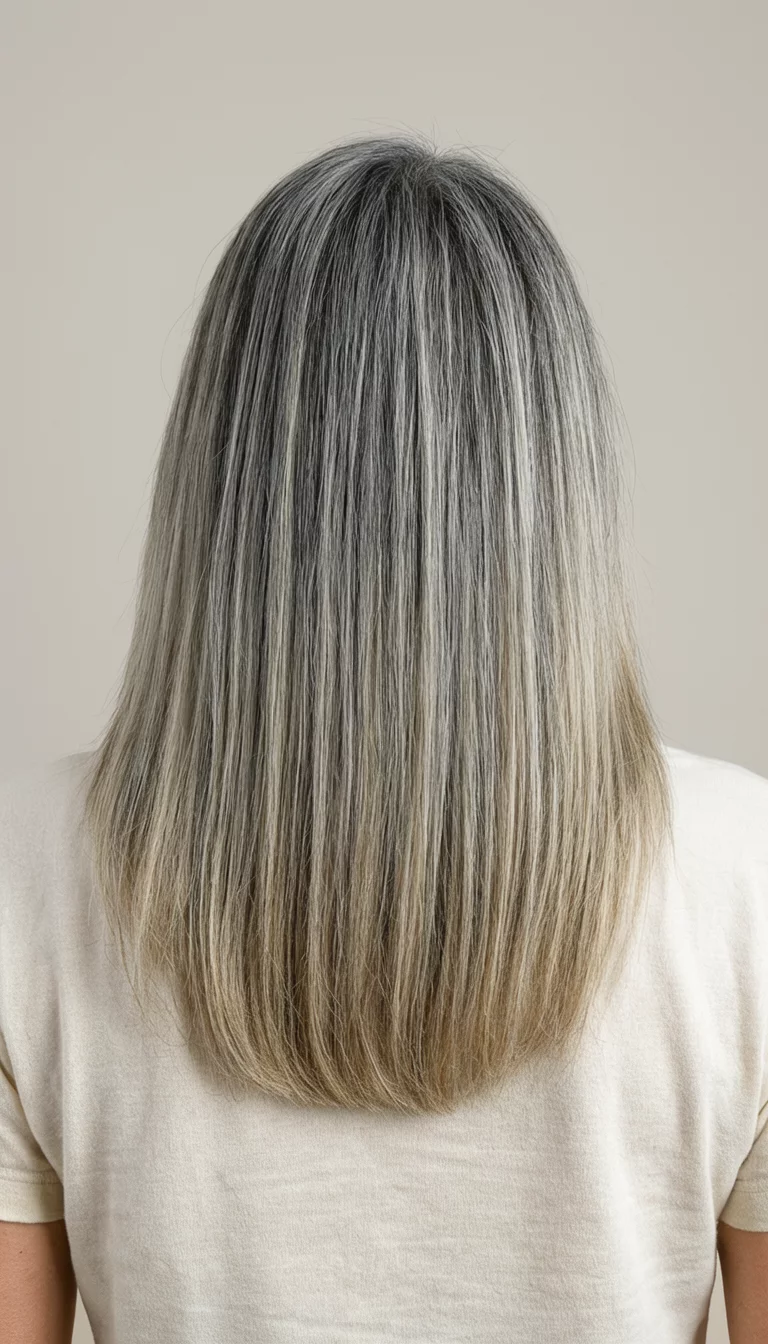 Straight And Ash Tonal Trio casual photo of a 44-year-old woman wearing a simple top with an ash and blonde colored straight hairstyle, back view, neutral background