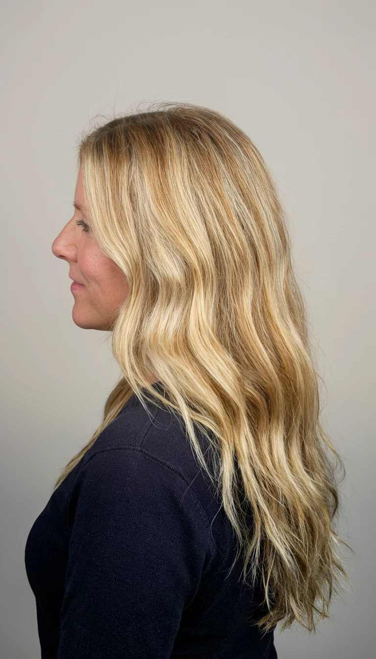 Multi Tonal Cascading Cream casual photo of a 34-year-old woman wearing a dark top with a multi-tonal blonde colored long, wavy hair hairstyle, side view, simple studio background