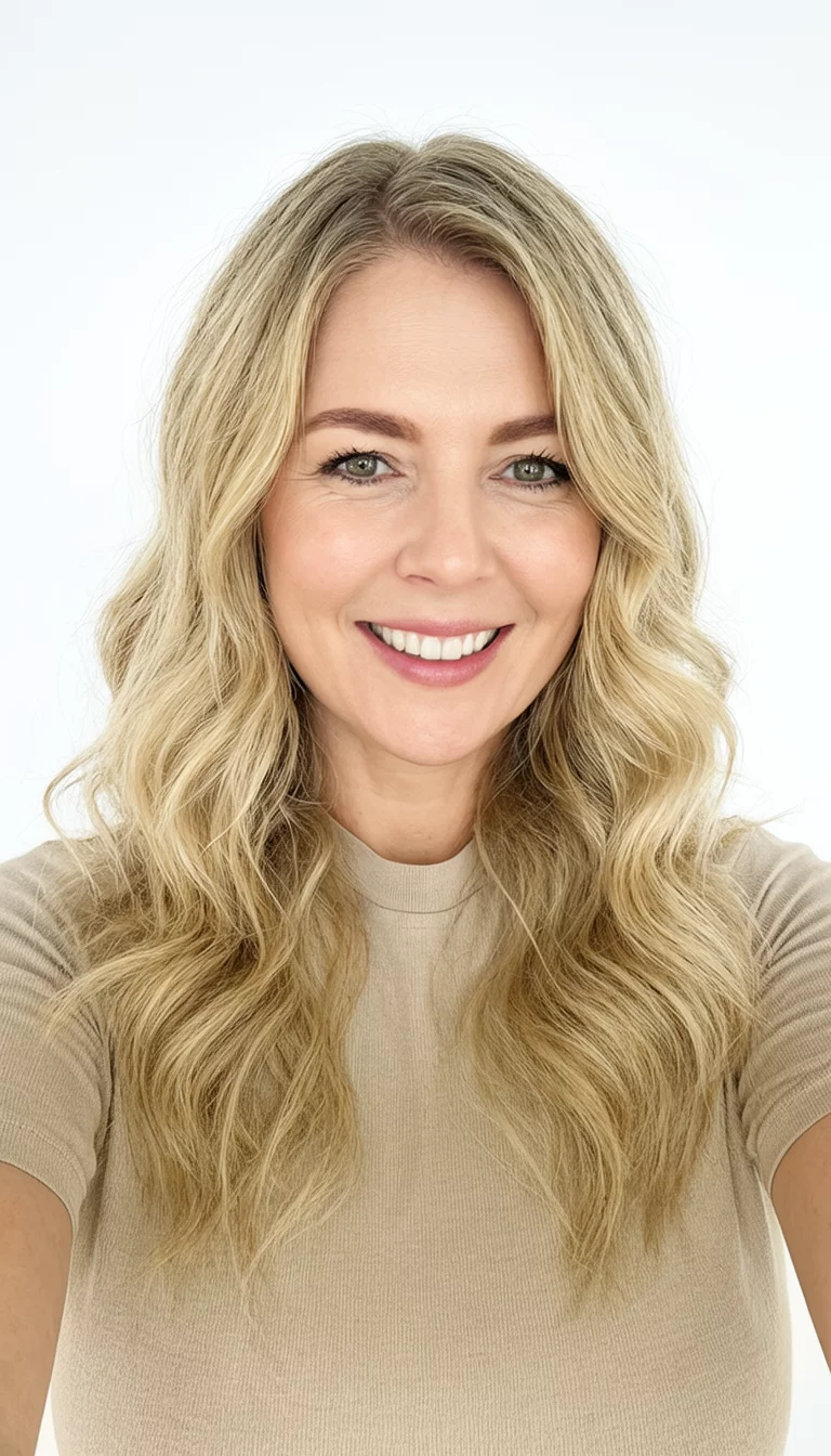 Multi Texture Blonde Collection selfie of a 33-year-old woman wearing a neutral top with a blonde, wavy hair colored wavy hairstyle, front view, bright studio
