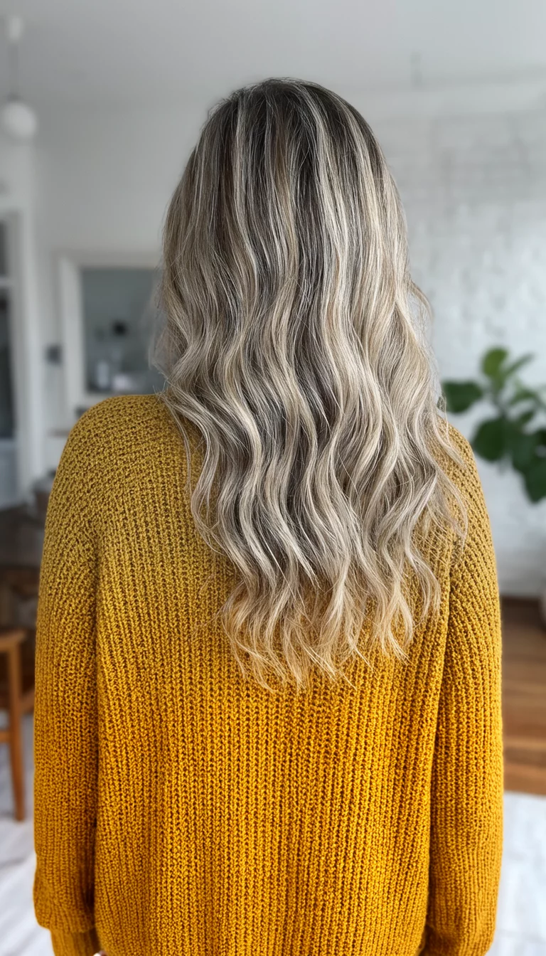 casual photo of a 28-year-old woman wearing a textured mustard-yellow sweater with a blonde with lighter streaks colored long, wavy hair hairstyle, back view, indoors