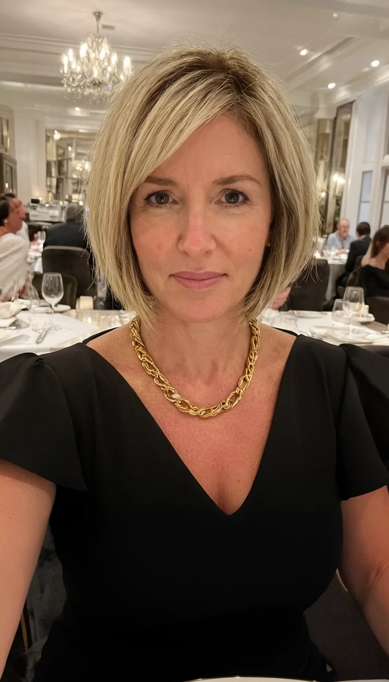 Gold Necklace Statement Bob selfie of a 41-year-old woman wearing a black dress and gold necklace with a blonde with darker roots colored bob hairstyle, front view, upscale restaurant