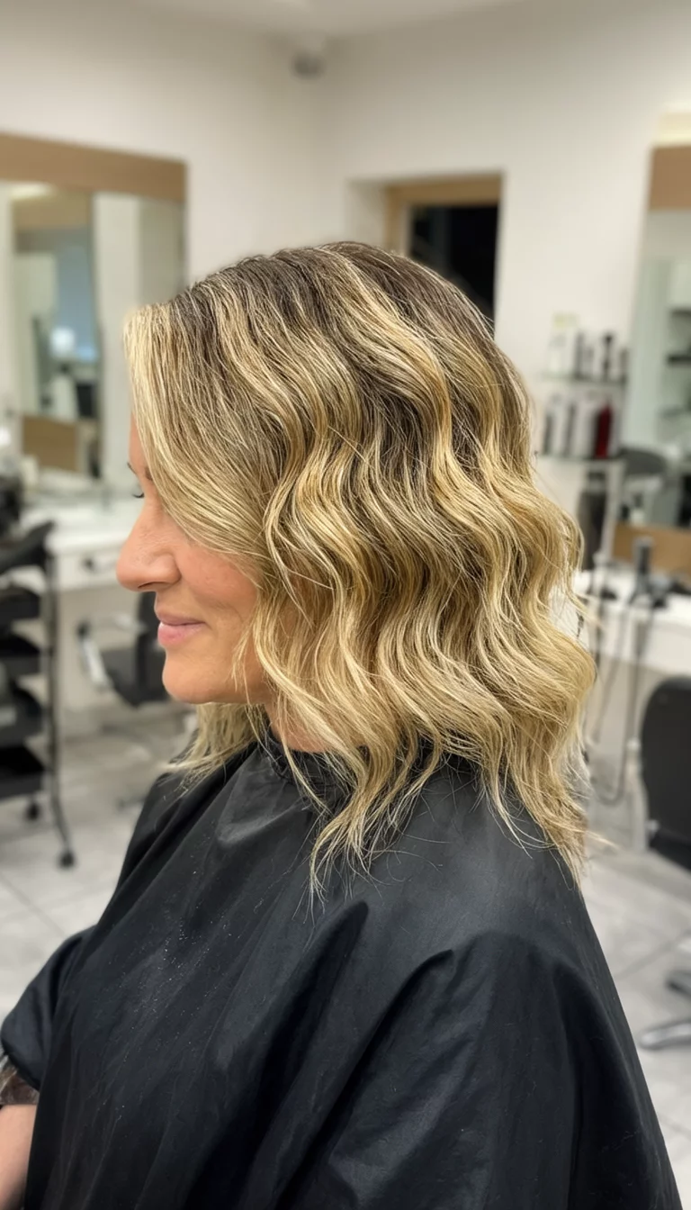 Matte Shadow Root Ash casual photo of a 39-year-old woman wearing a black salon cape with a wavy blonde with darker roots colored wavy hair hairstyle, side view, hair salon
