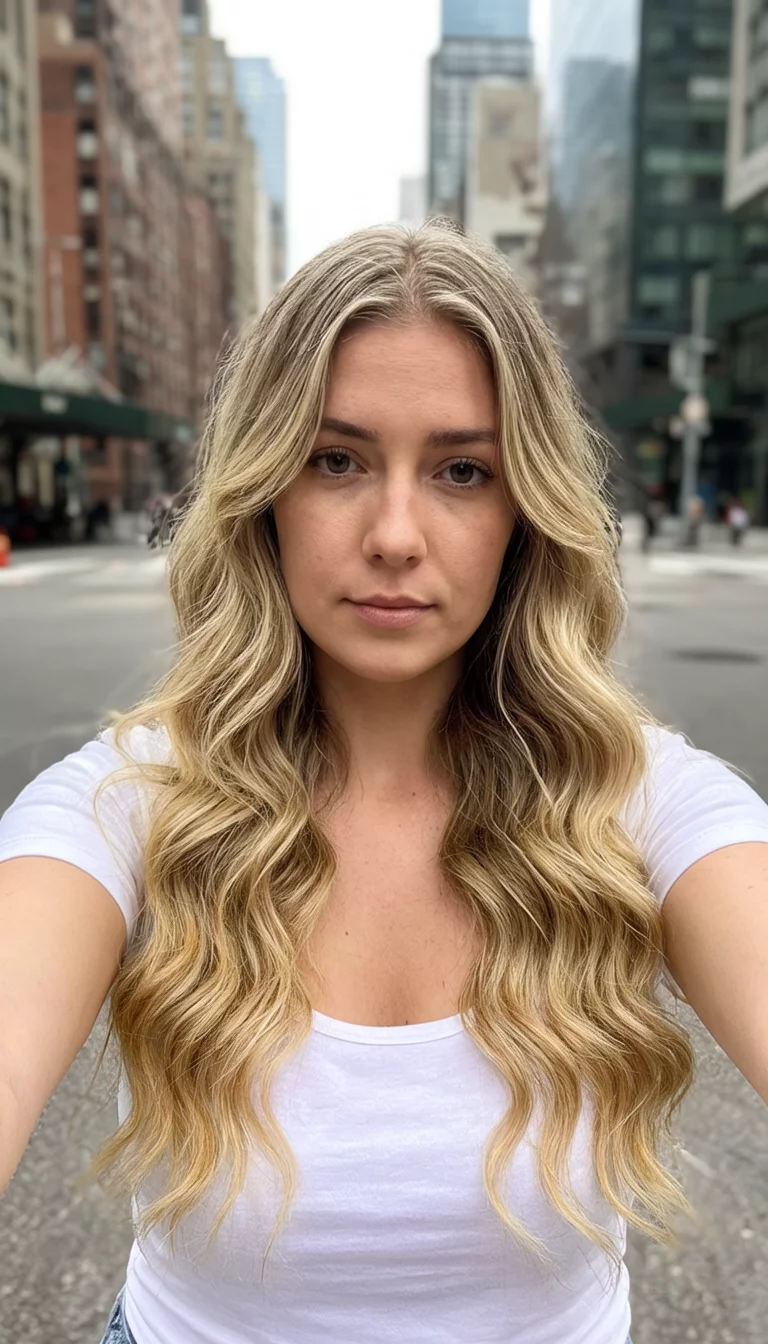 Ombre Septum Piercing Edge selfie of a 22-year-old woman wearing a white top with a long, wavy, blonde hair with prominent ombre colored wavy hairstyle, front view, urban background
