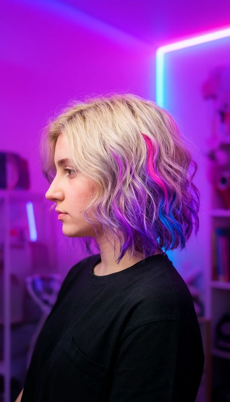 Pastel Streak Punk Side casual photo of a 23-year-old woman wearing a black shirt with a short, wavy blonde hair with streaks of purple, pink, and blue colored wavy hairstyle, side view, neon-lit room